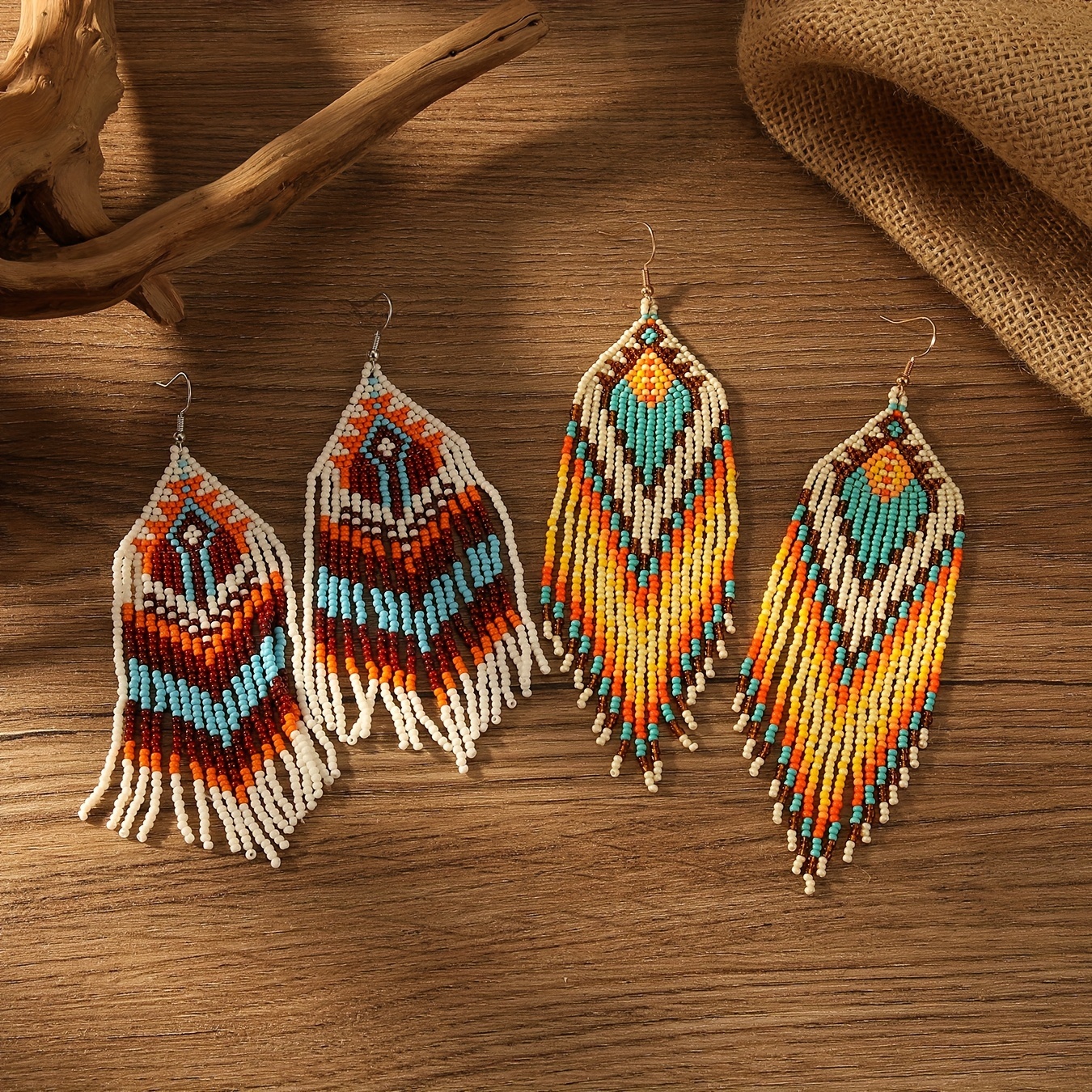 Hand-Beaded Woven Bohemian Style Tassel Drop Earrings